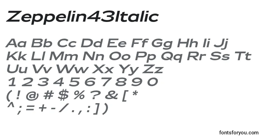 Czcionka Zeppelin43Italic – alfabet, cyfry, specjalne znaki