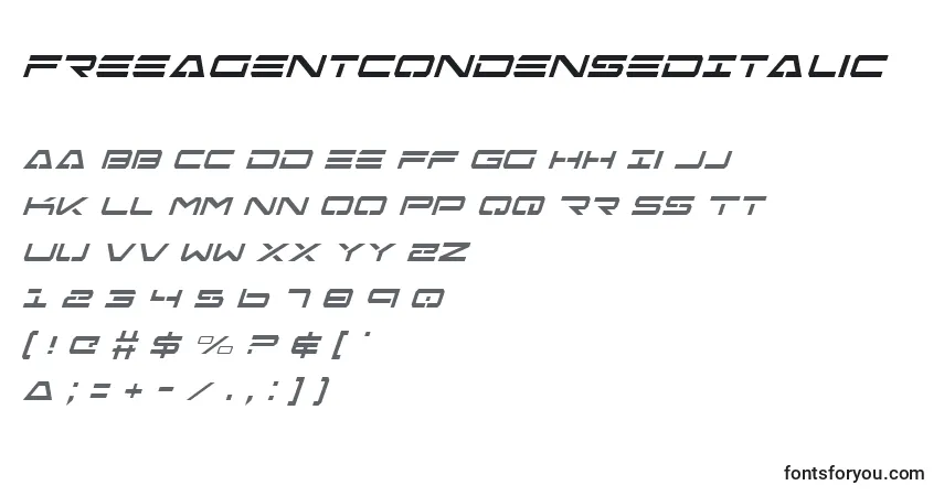 Czcionka FreeAgentCondensedItalic – alfabet, cyfry, specjalne znaki