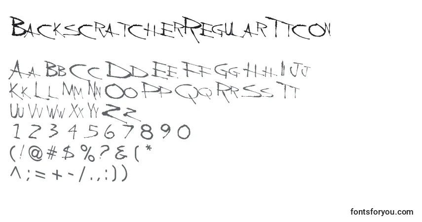 Czcionka BackscratcherRegularTtcon – alfabet, cyfry, specjalne znaki
