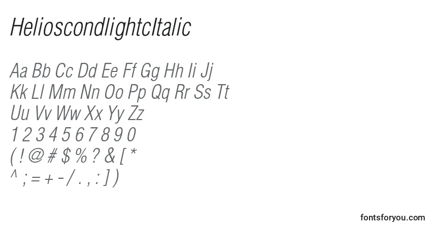 Czcionka HelioscondlightcItalic – alfabet, cyfry, specjalne znaki