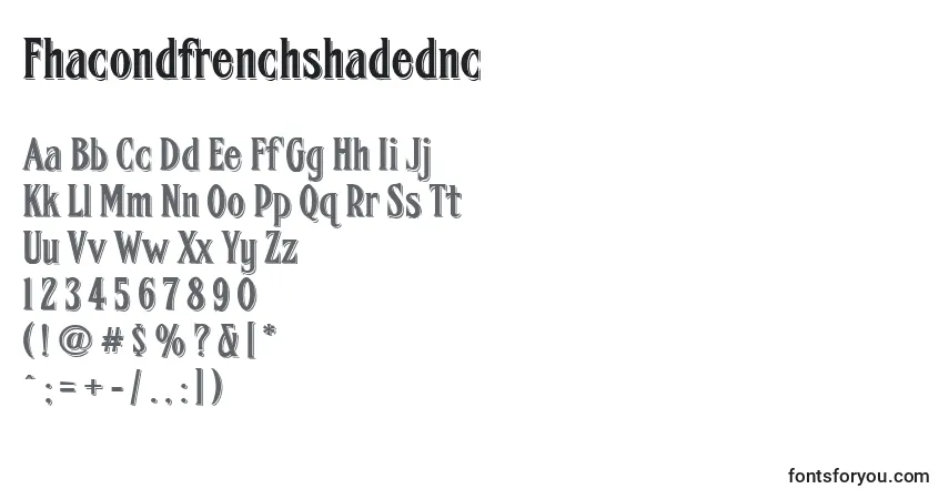 A fonte Fhacondfrenchshadednc – alfabeto, números, caracteres especiais