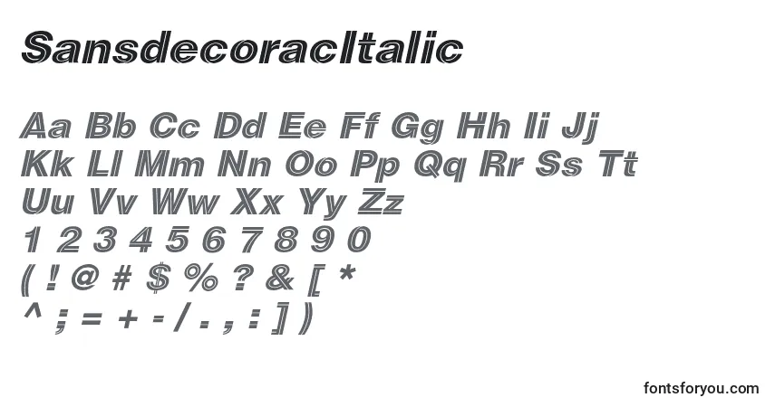 Шрифт SansdecoracItalic – алфавит, цифры, специальные символы