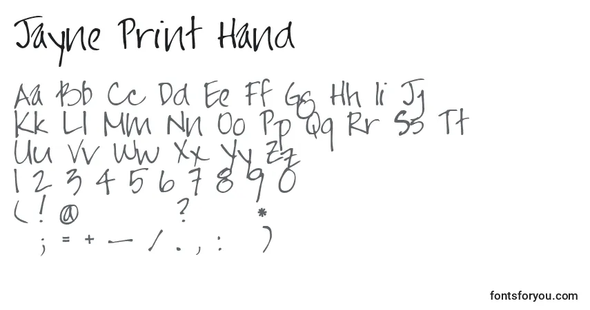 A fonte Jayne Print Hand – alfabeto, números, caracteres especiais