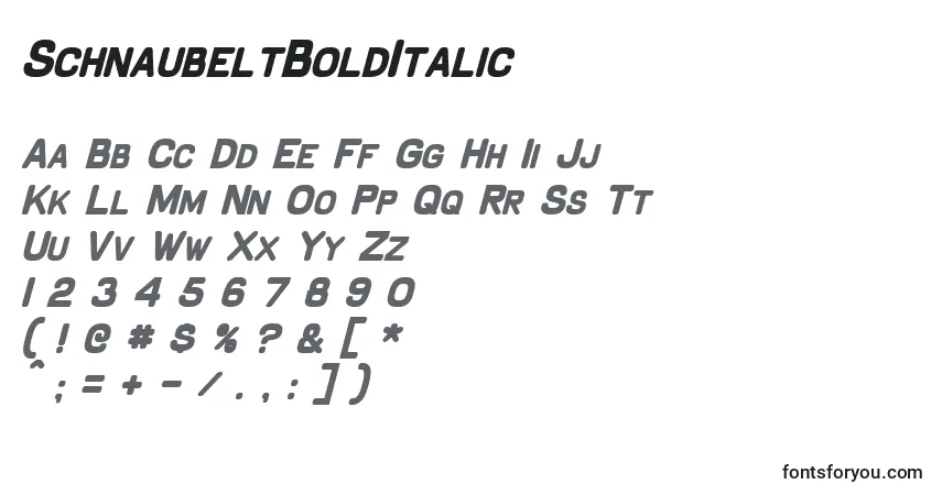 A fonte SchnaubeltBoldItalic – alfabeto, números, caracteres especiais