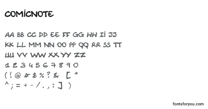Czcionka Comicnote – alfabet, cyfry, specjalne znaki