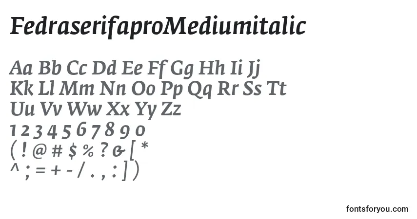 Czcionka FedraserifaproMediumitalic – alfabet, cyfry, specjalne znaki
