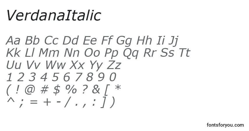 A fonte VerdanaItalic – alfabeto, números, caracteres especiais