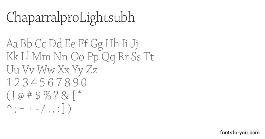 A fonte ChaparralproLightsubh – alfabeto, números, caracteres especiais