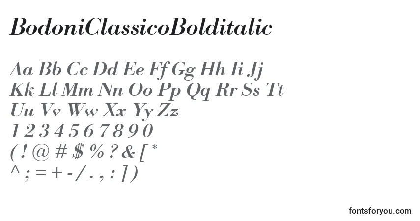 A fonte BodoniClassicoBolditalic – alfabeto, números, caracteres especiais