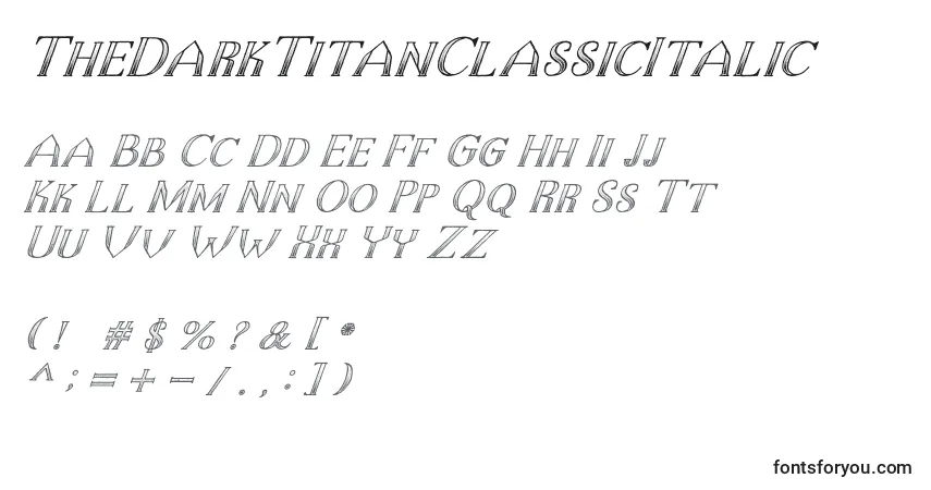 A fonte TheDarkTitanClassicItalic (52647) – alfabeto, números, caracteres especiais