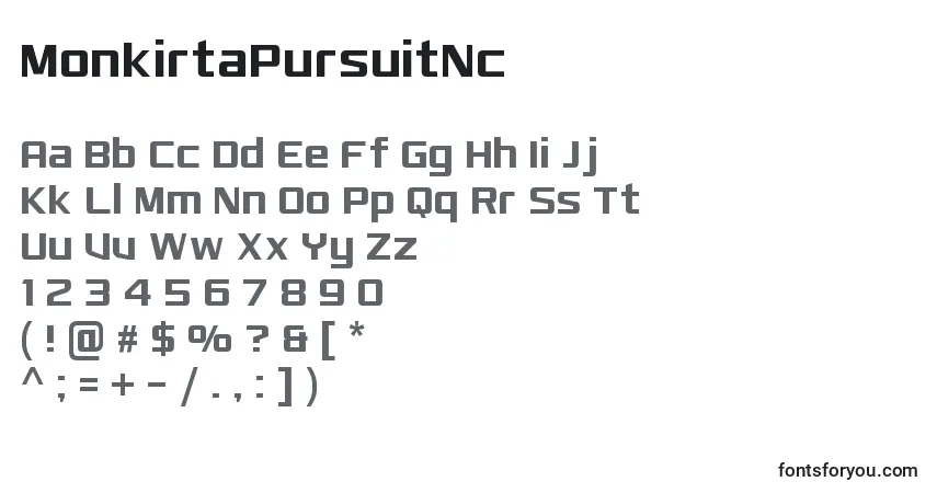 Czcionka MonkirtaPursuitNc – alfabet, cyfry, specjalne znaki