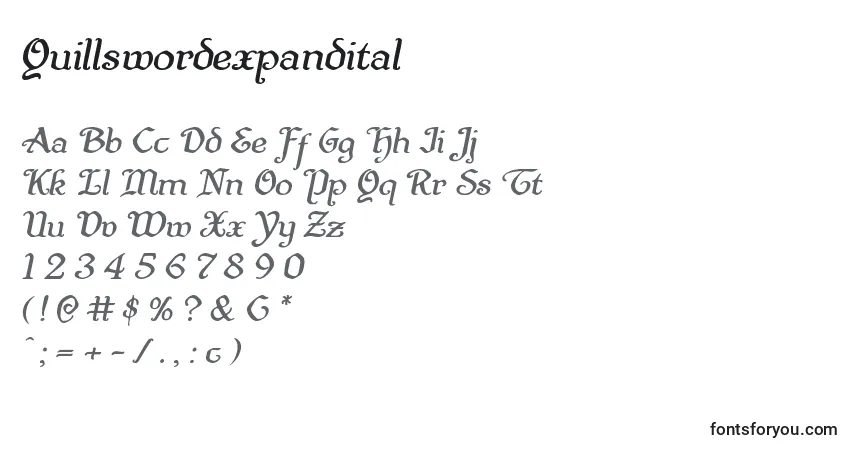 Czcionka Quillswordexpandital – alfabet, cyfry, specjalne znaki