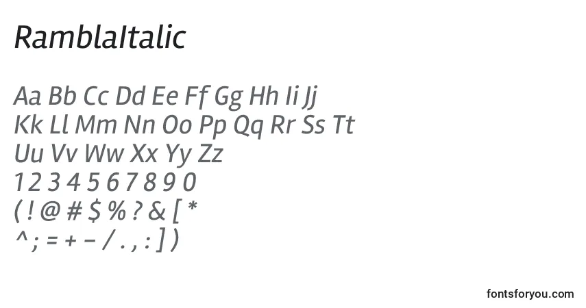 A fonte RamblaItalic – alfabeto, números, caracteres especiais