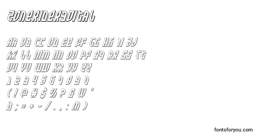 Schriftart Zonerider3Dital – Alphabet, Zahlen, spezielle Symbole