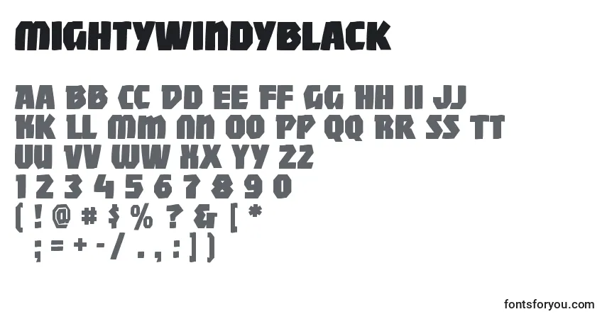 Schriftart Mightywindyblack – Alphabet, Zahlen, spezielle Symbole