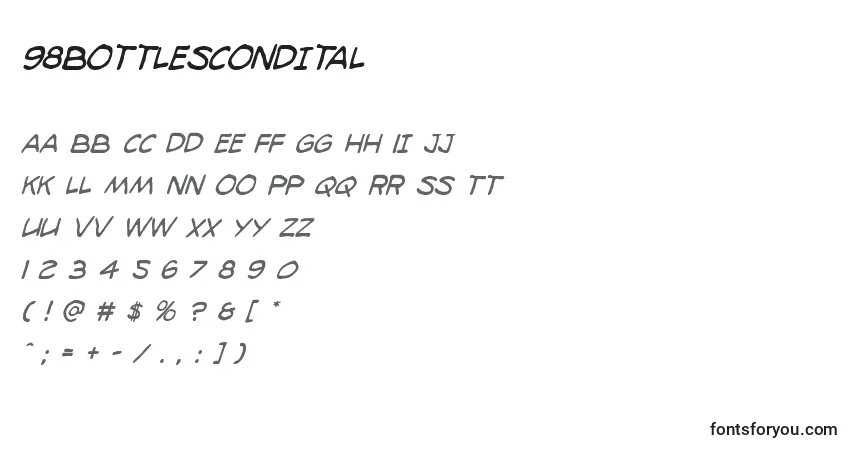 Schriftart 98bottlescondital – Alphabet, Zahlen, spezielle Symbole