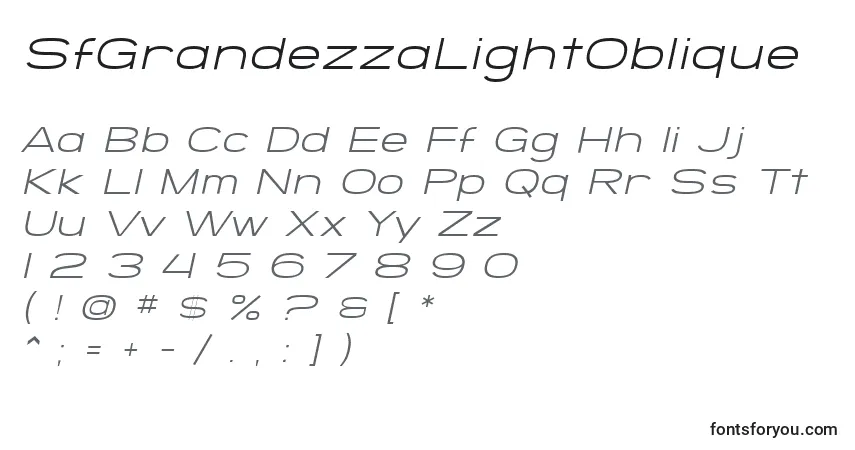 Czcionka SfGrandezzaLightOblique – alfabet, cyfry, specjalne znaki