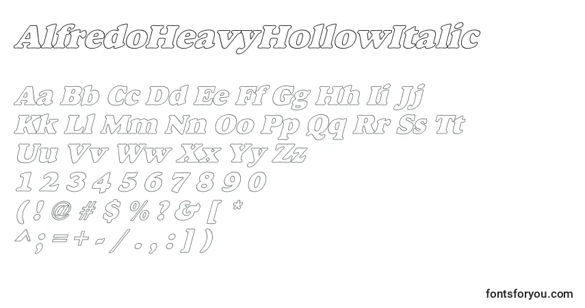 Czcionka AlfredoHeavyHollowItalic – alfabet, cyfry, specjalne znaki