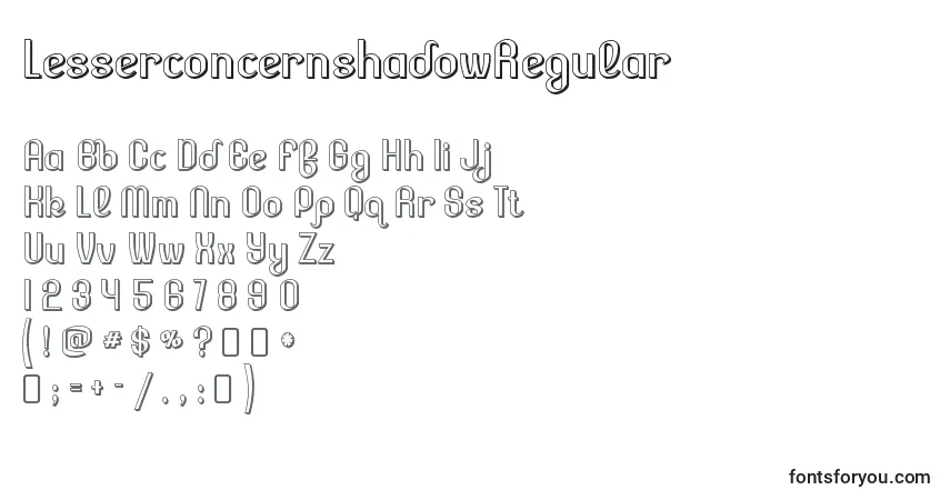 Шрифт LesserconcernshadowRegular – алфавит, цифры, специальные символы