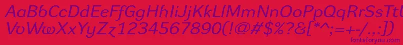 DynagroteskrxeItalicフォントについての詳細 フォントDynagroteskrxeItalic – 赤い背景に紫のフォント