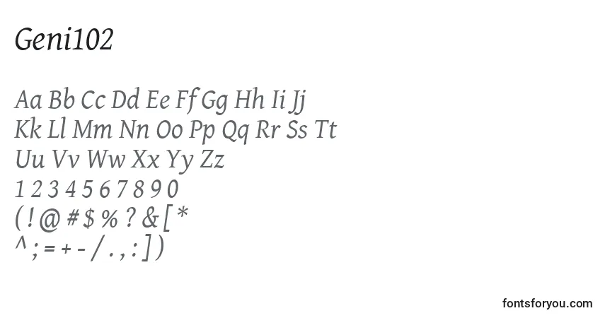 A fonte Geni102 – alfabeto, números, caracteres especiais