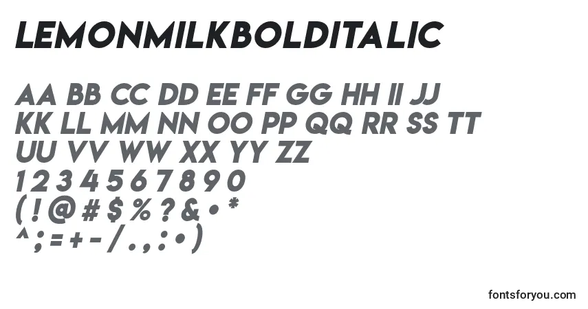 Czcionka Lemonmilkbolditalic – alfabet, cyfry, specjalne znaki