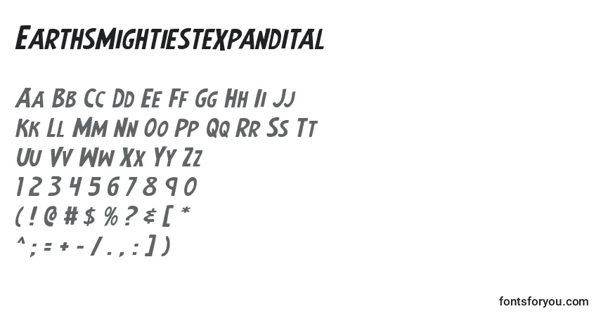 Czcionka Earthsmightiestexpandital – alfabet, cyfry, specjalne znaki