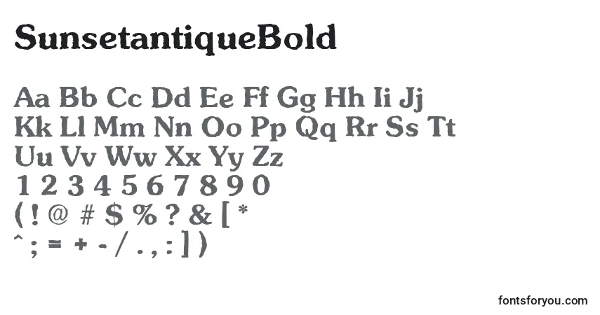 A fonte SunsetantiqueBold – alfabeto, números, caracteres especiais