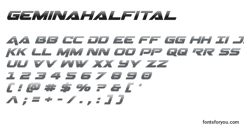 Czcionka Geminahalfital – alfabet, cyfry, specjalne znaki