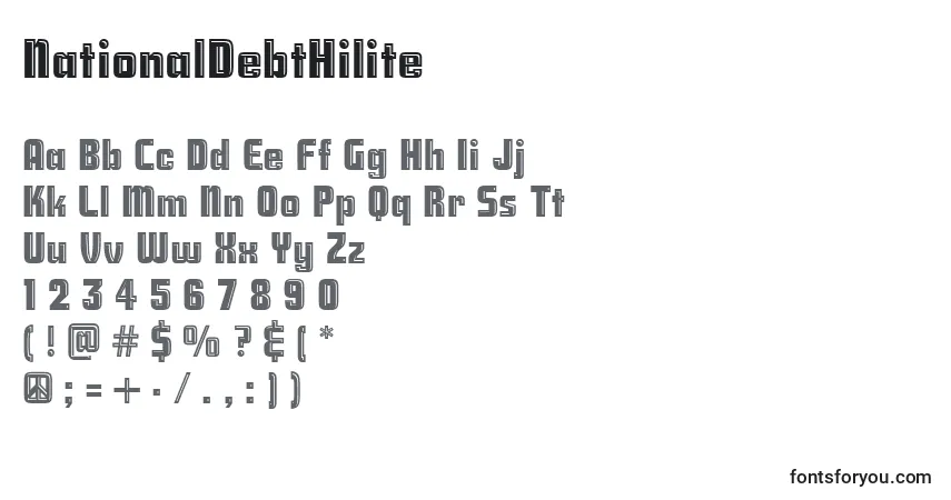 Czcionka NationalDebtHilite – alfabet, cyfry, specjalne znaki