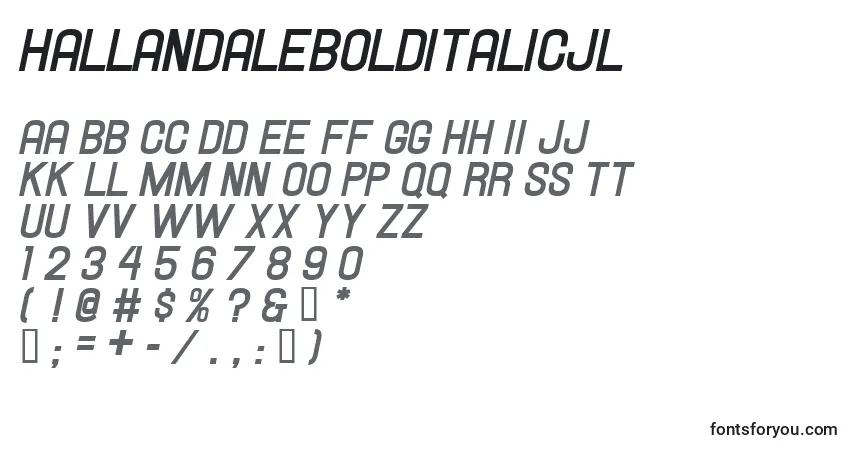 Шрифт HallandaleBoldItalicJl – алфавит, цифры, специальные символы