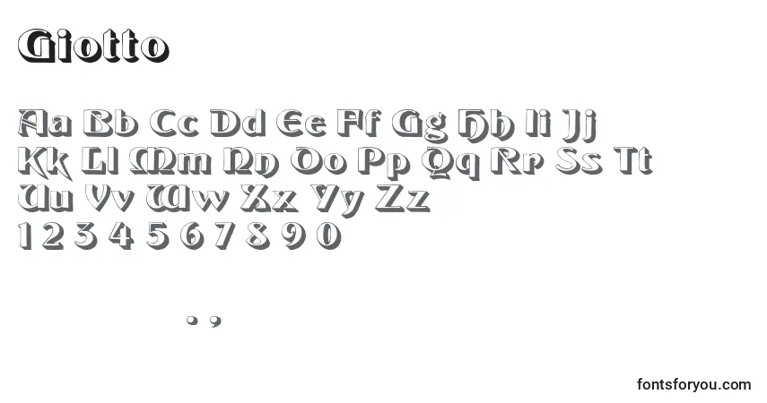 A fonte Giotto – alfabeto, números, caracteres especiais