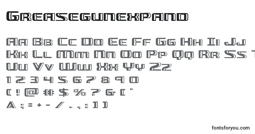 Schriftart Greasegunexpand – Alphabet, Zahlen, spezielle Symbole