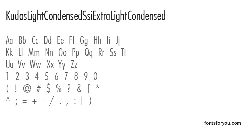 A fonte KudosLightCondensedSsiExtraLightCondensed – alfabeto, números, caracteres especiais