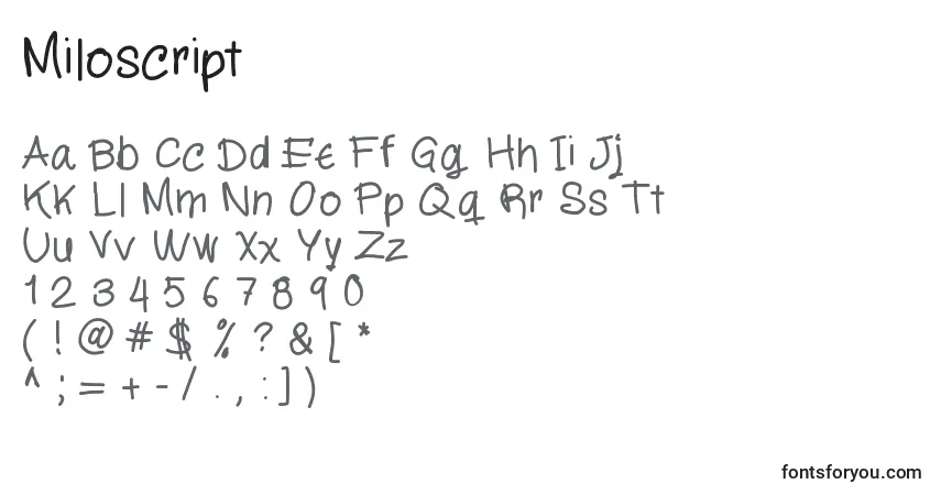 Miloscript Font – alphabet, numbers, special characters