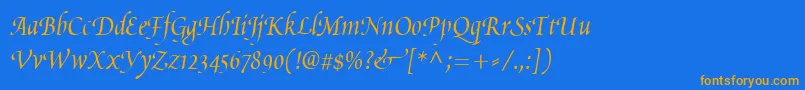 フォントPoeticaChanceryIii – オレンジ色の文字が青い背景にあります。