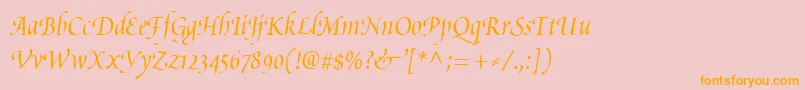 フォントPoeticaChanceryIii – オレンジの文字がピンクの背景にあります。