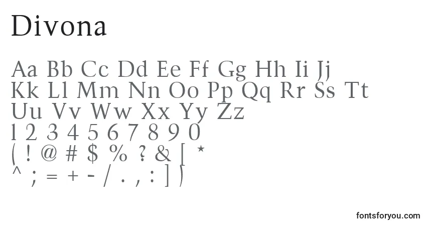 A fonte Divona – alfabeto, números, caracteres especiais