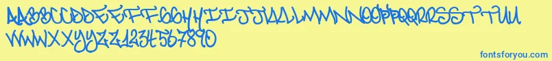 2locoInCrime-Schriftart – Blaue Schriften auf gelbem Hintergrund