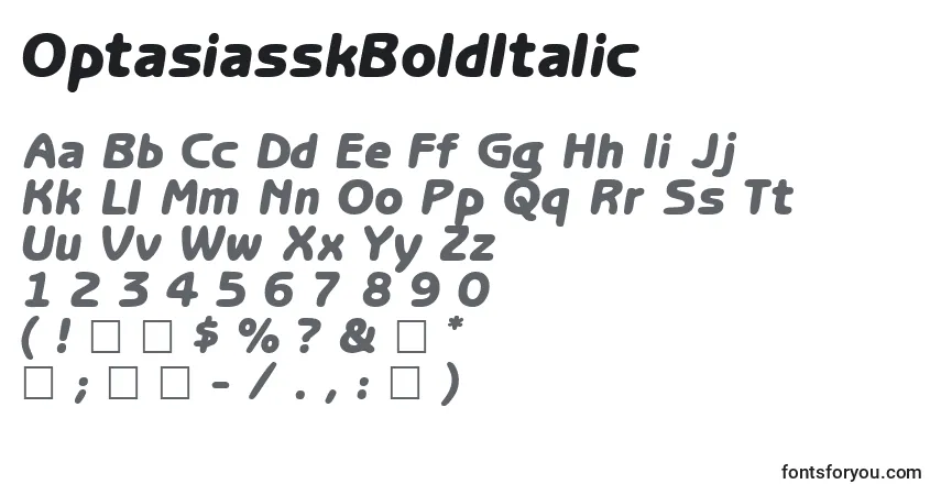 A fonte OptasiasskBoldItalic – alfabeto, números, caracteres especiais
