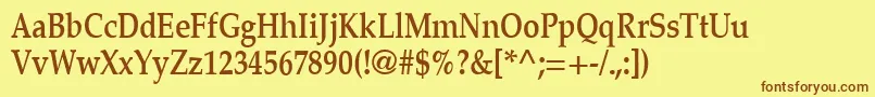 フォントLatinopalcond5Demish – 茶色の文字が黄色の背景にあります。