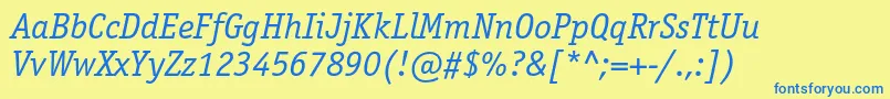 OfficinaserifcBookitalic-Schriftart – Blaue Schriften auf gelbem Hintergrund