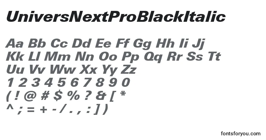 Шрифт UniversNextProBlackItalic – алфавит, цифры, специальные символы