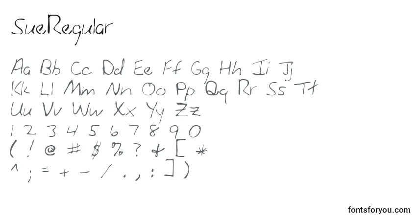 Czcionka SueRegular – alfabet, cyfry, specjalne znaki