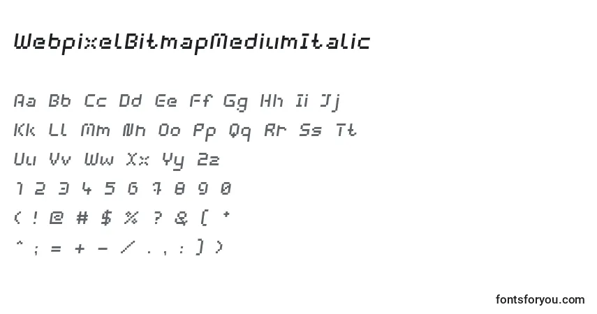 Czcionka WebpixelBitmapMediumItalic – alfabet, cyfry, specjalne znaki