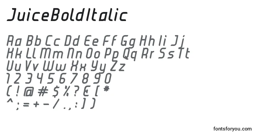 A fonte JuiceBoldItalic – alfabeto, números, caracteres especiais