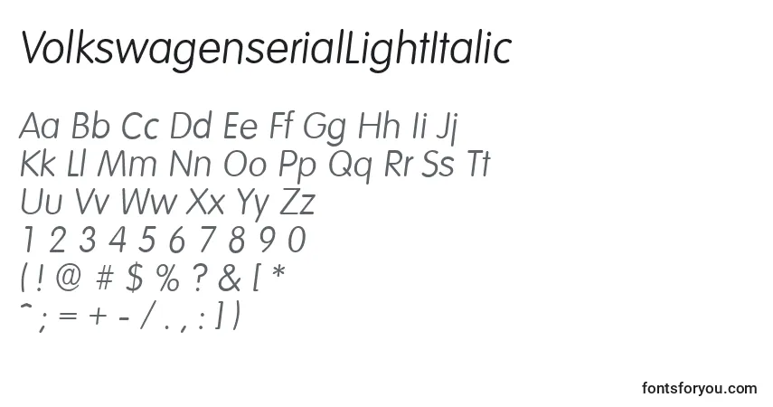 Шрифт VolkswagenserialLightItalic – алфавит, цифры, специальные символы
