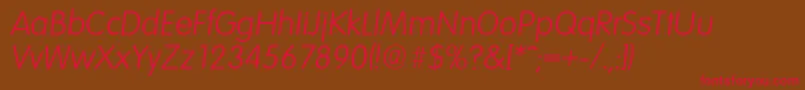 フォントVolkswagenserialLightItalic – 赤い文字が茶色の背景にあります。
