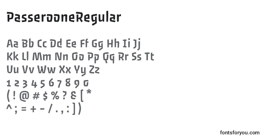 Czcionka PasserooneRegular – alfabet, cyfry, specjalne znaki
