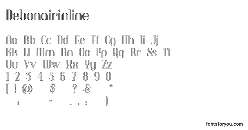 Debonairinline-fontti – aakkoset, numerot, erikoismerkit